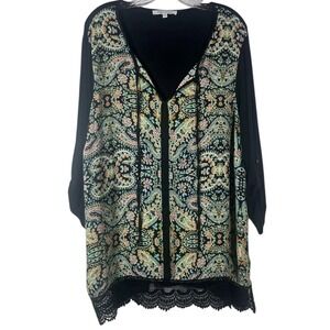 Rose + Olive Sz 1X Top Paisley Multi Print Black 3/4 Sleeve‎ Button Sheer Plus